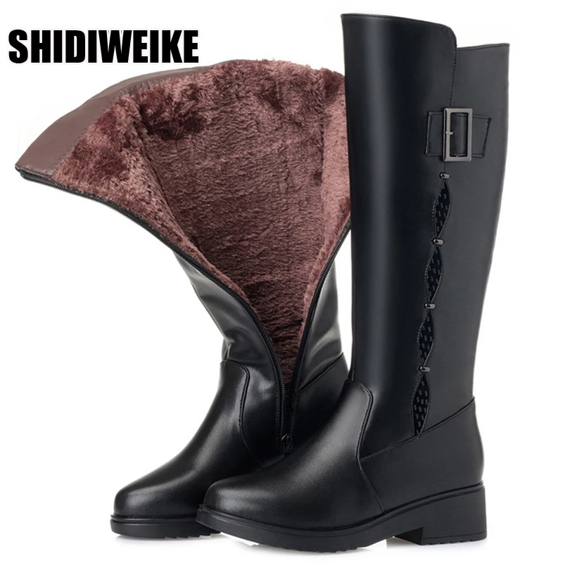 

Women Winter Boots Genuine Leather Female boots high-heeled women long boots Plush lined warm snow boots Lady Fashion shoes