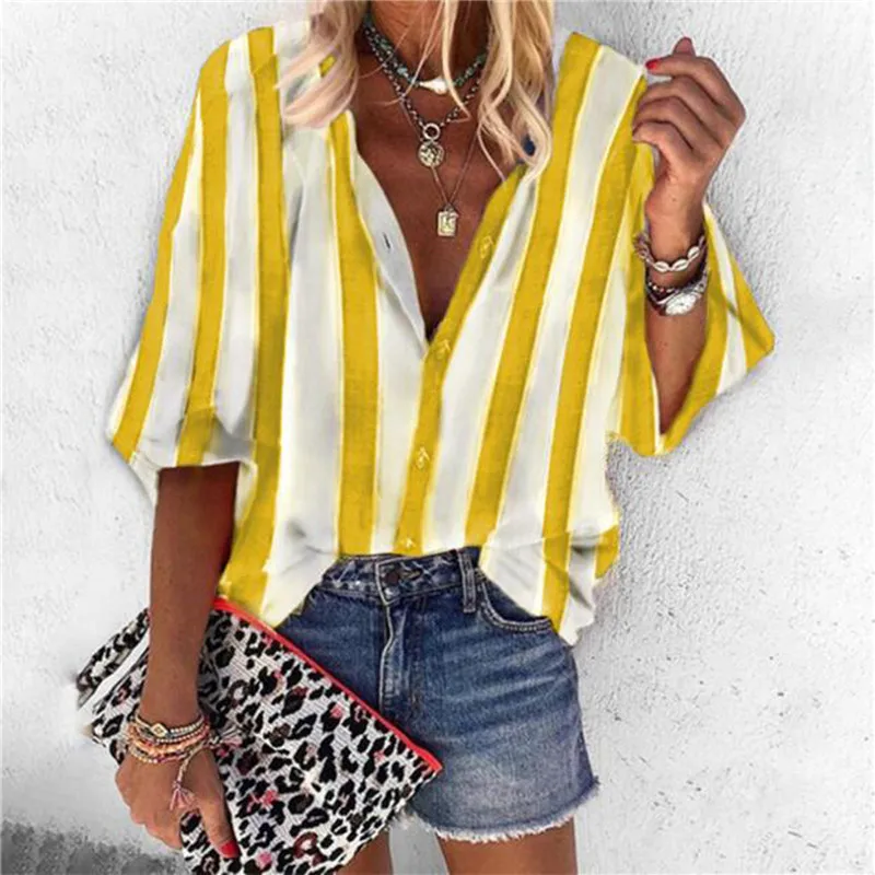 06 Yellow Fanbety 5XL блузки с принтом цепей, женские сексуальные рубашки с v-образным вырезом и длинным рукавом на пуговицах,, Женские Элегантные Осенние Новые Топы, блузки размера плюс - Цвет: 06 Yellow