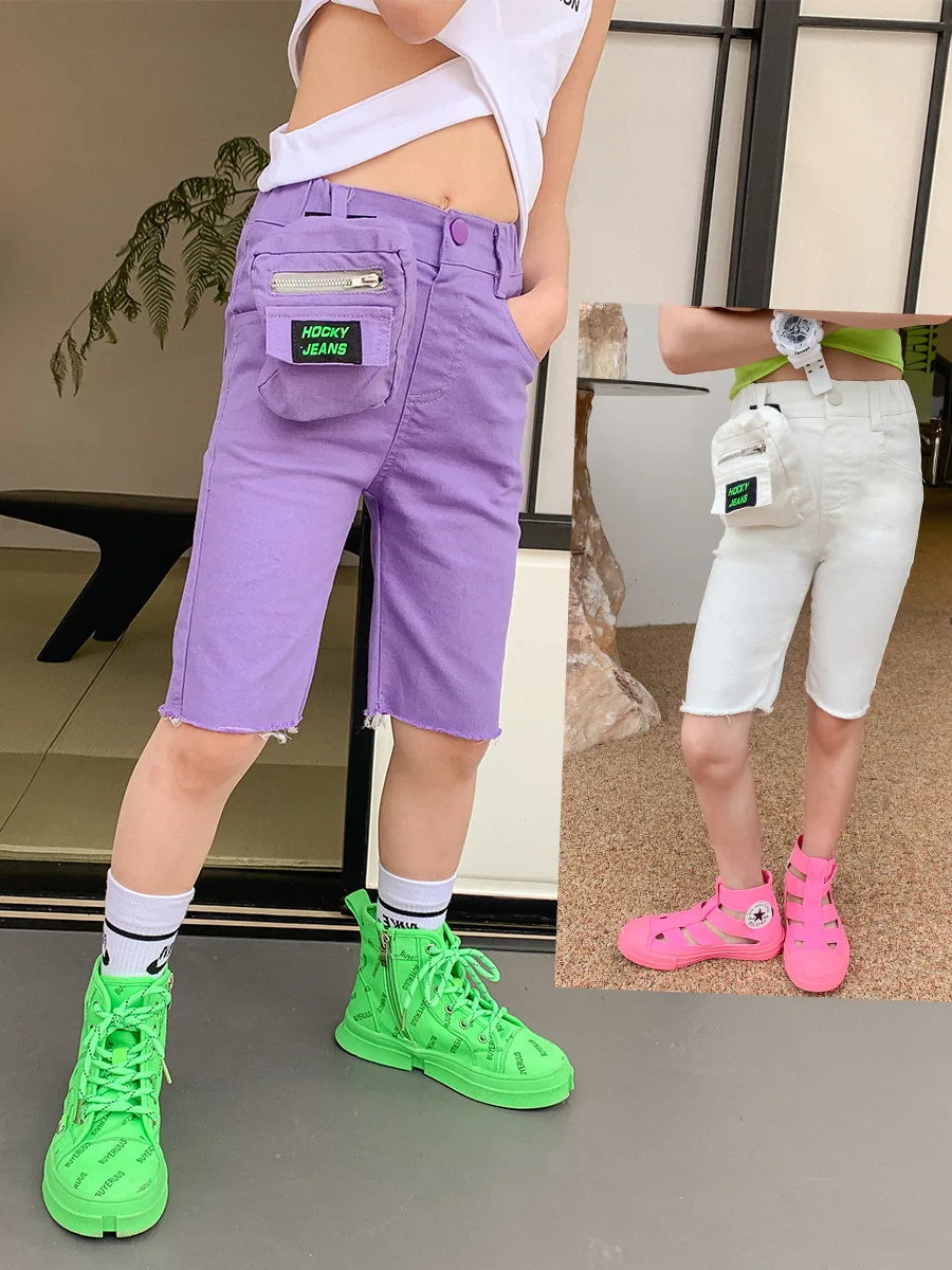 

Children's clothing 2021 summer new girls middle-aged thin shorts Slim pocket waist bag pants women's middle pants