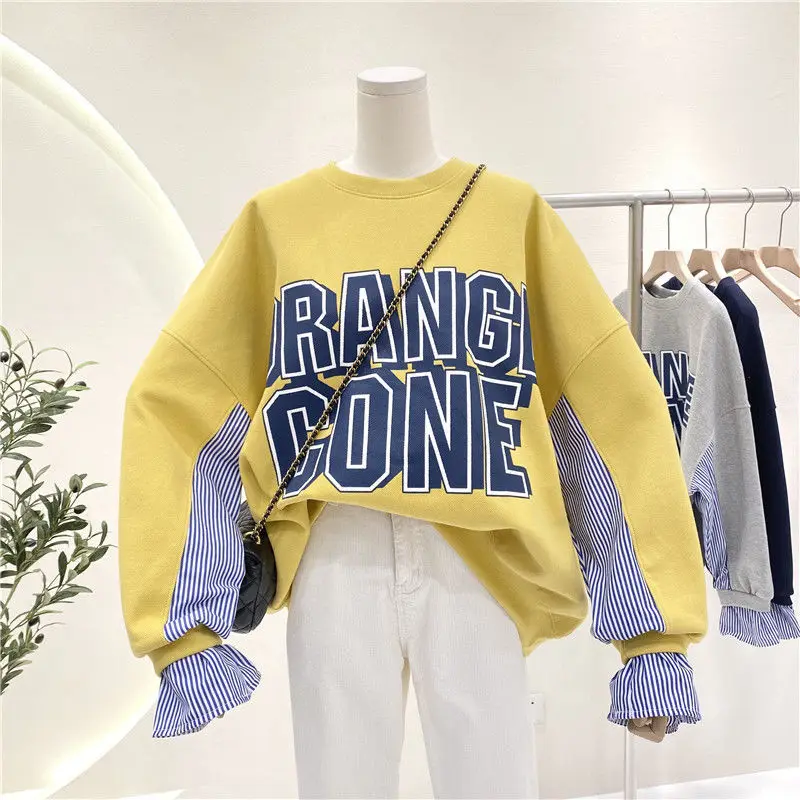 

Sweater Women's Spring Autumn Thin 2021 New Stitching Fake Two Piece Loose Contrast Color Striped Tops Hoodie Sweatshirt