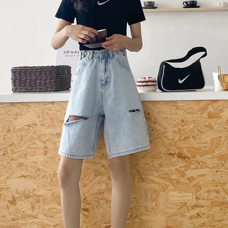 Женские джинсовые шорты с широкими штанинами свободные шорты-бермуды завышенной