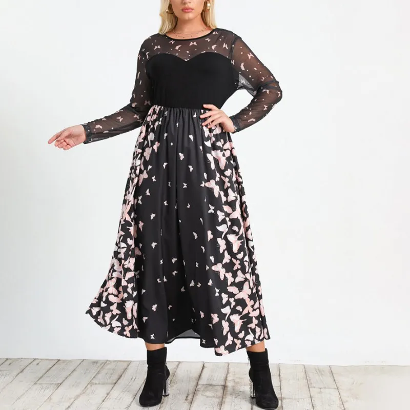 

Модное Черное женское платье-трапеция с принтом бабочки, элегантное Сетчатое платье из сетчатой ткани с круглым вырезом и длинным рукавом, ...