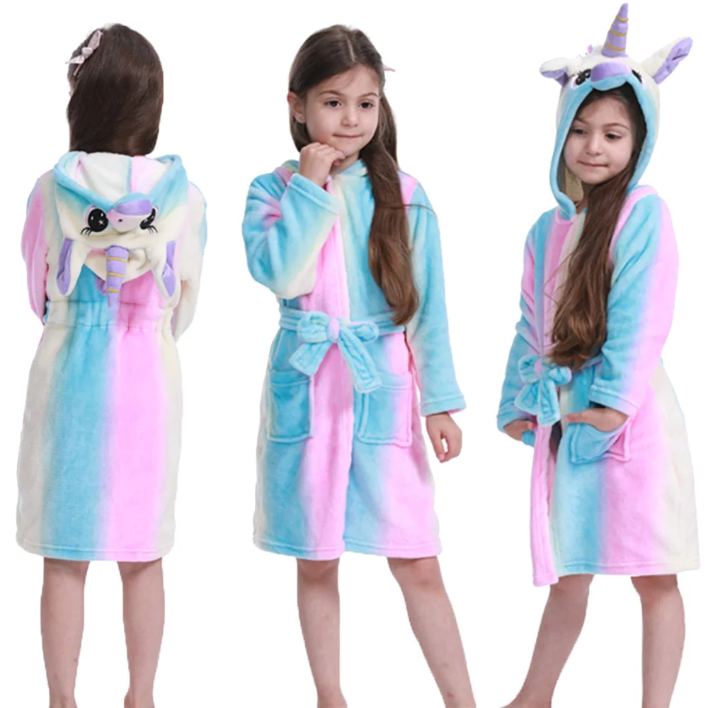 

Cartoon Children's Robe Flannel Baby Bathrobe Long Sleeve Hooded Kids Bath Robe Lovely Unicorn Animal Child Boy Girls Robes