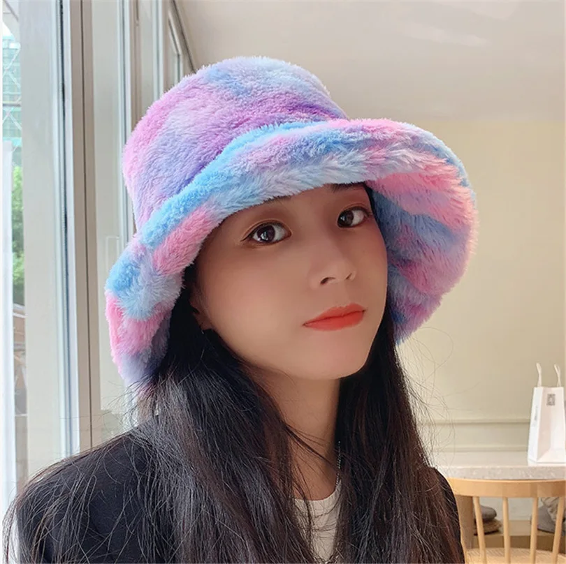 

Rabbit Fleece Tie-dye Fisherman Hat, Ladies Winter Warmth, Sunscreen Bucket Hat, Hunting And Fishing, Plush Fisherman Hat