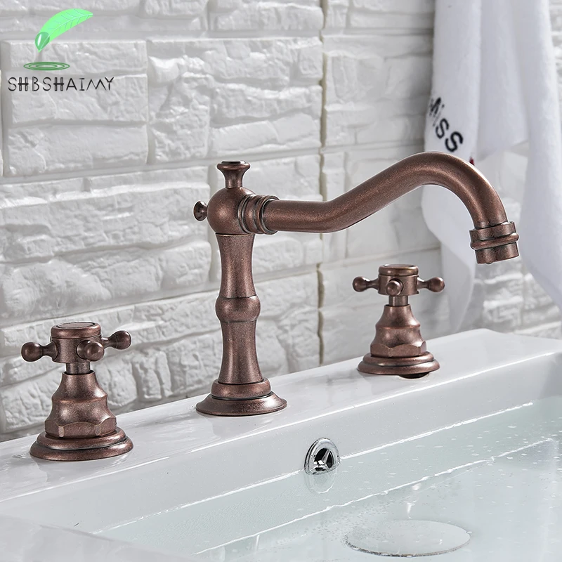 

SHBSHAIMY Deck Mounted Roman Red Bathroom Basin Faucet Dual Handles Mixer Tap Hot And Cold Water Brass 3 Holes Washing Tap