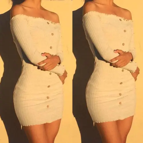 

Women Ladies Autumn Winter Off Shoulder Knit Sweater Dress Casual Long Sleeve Creative Button Wavy Edge Decoration Dress