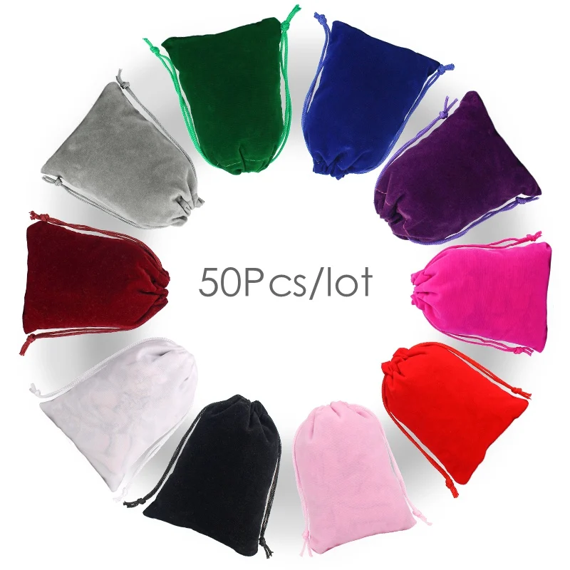 

50Pcs/Lot Drawstring Velvet Sachet 5x7/7x9/9x12/10x15cm Pouches Small Size Jewelry Gift Display Packing Bags Can Customized