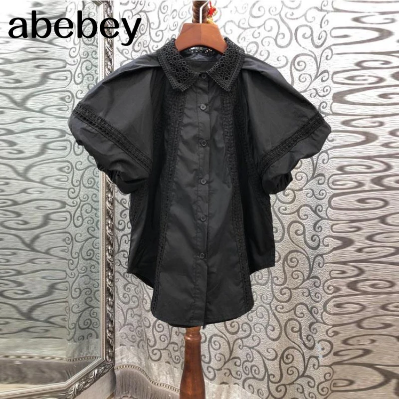

Korean Hollow-out Patchwork Blouse Tops Causal Puff Sleeve Turn-down Collar Shirt 2021 New Blusas Camisas Mujer