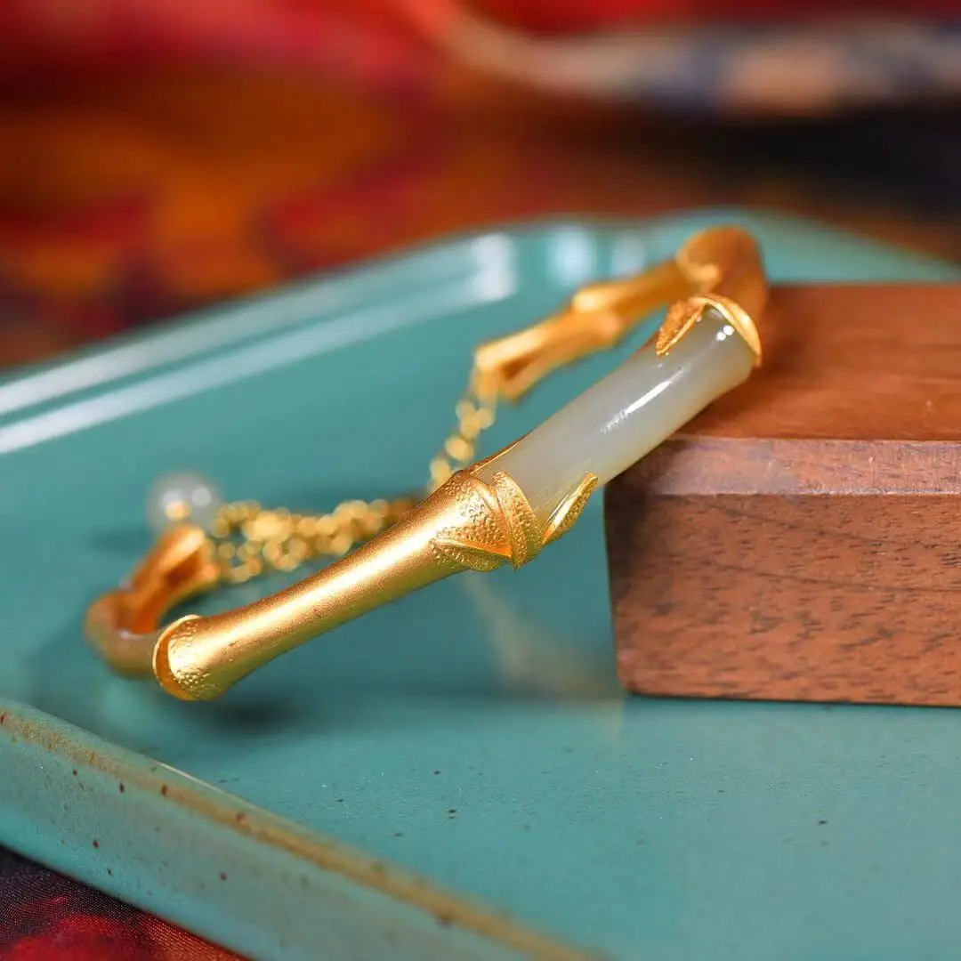 

Natural 925 Silver Inlaid Hetian Jade Bamboo Bracelet