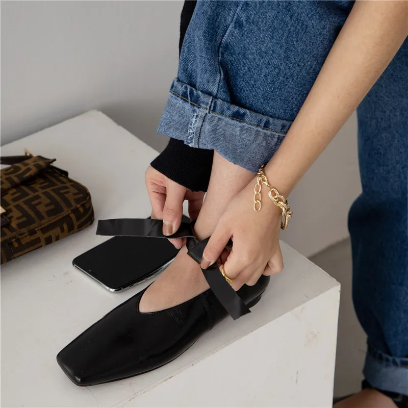 

Hjwsfdcai Square Toe Lightweight Women Shoes Temperament Female British Wind Single Shoes Genuine Leather Mujer Walking Footwear