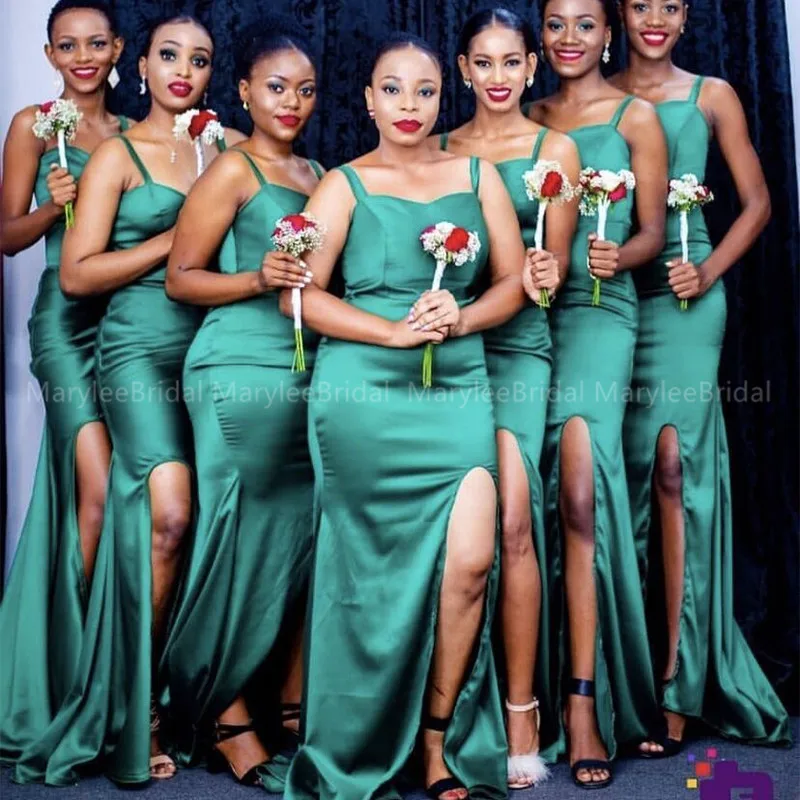 

Dark Green Plus Size Bridesmaid Dresses Mermaid Style Simple Satin Wedding Guest Dresses Front Slit African Bridesmaid Gowns