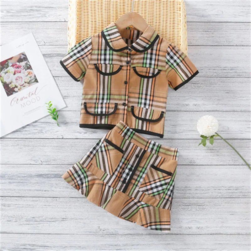 

Children's clothing girls 2021 summer new college style lapel short-sleeved shirt + high-waist skirt girls outfits