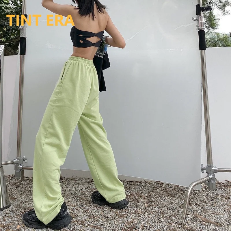 

TINT ERA Korean Fashion Green Jogging Sweatpants Women Harajuku Purple Joggers Sport Pants Oversize Wide Trousers 2022 Summer