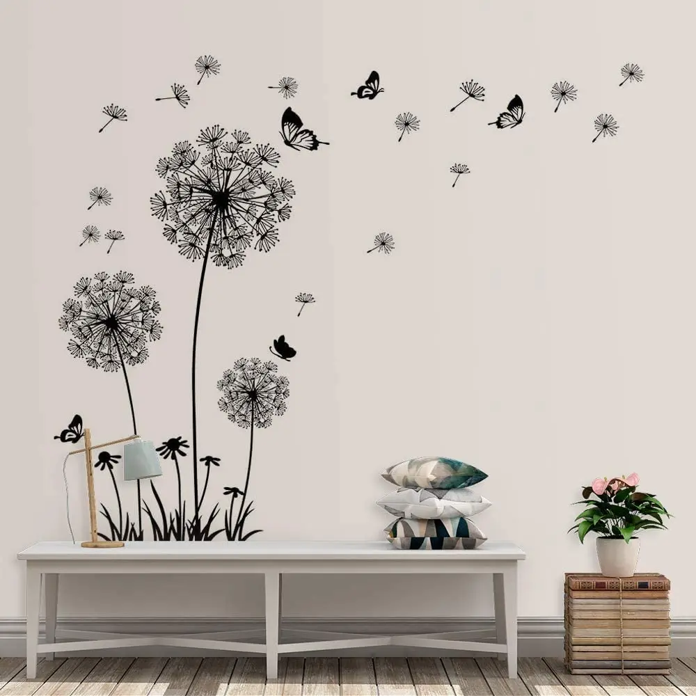 

Sofa Backdrop TV Wall Decoration Black Dandelion Wall Stickers Flowers Wall Decals Butterflies Flying Wall Decors Wall Stickers