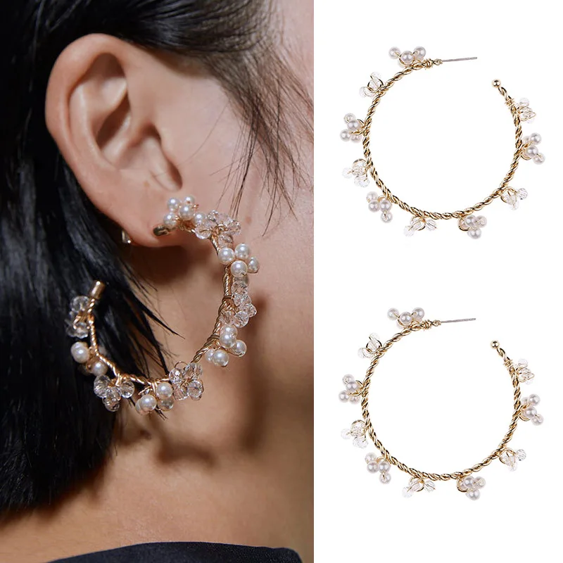 

Circle Pearl Earrings C Shaped Alloy DIY Woven Flower Earrings