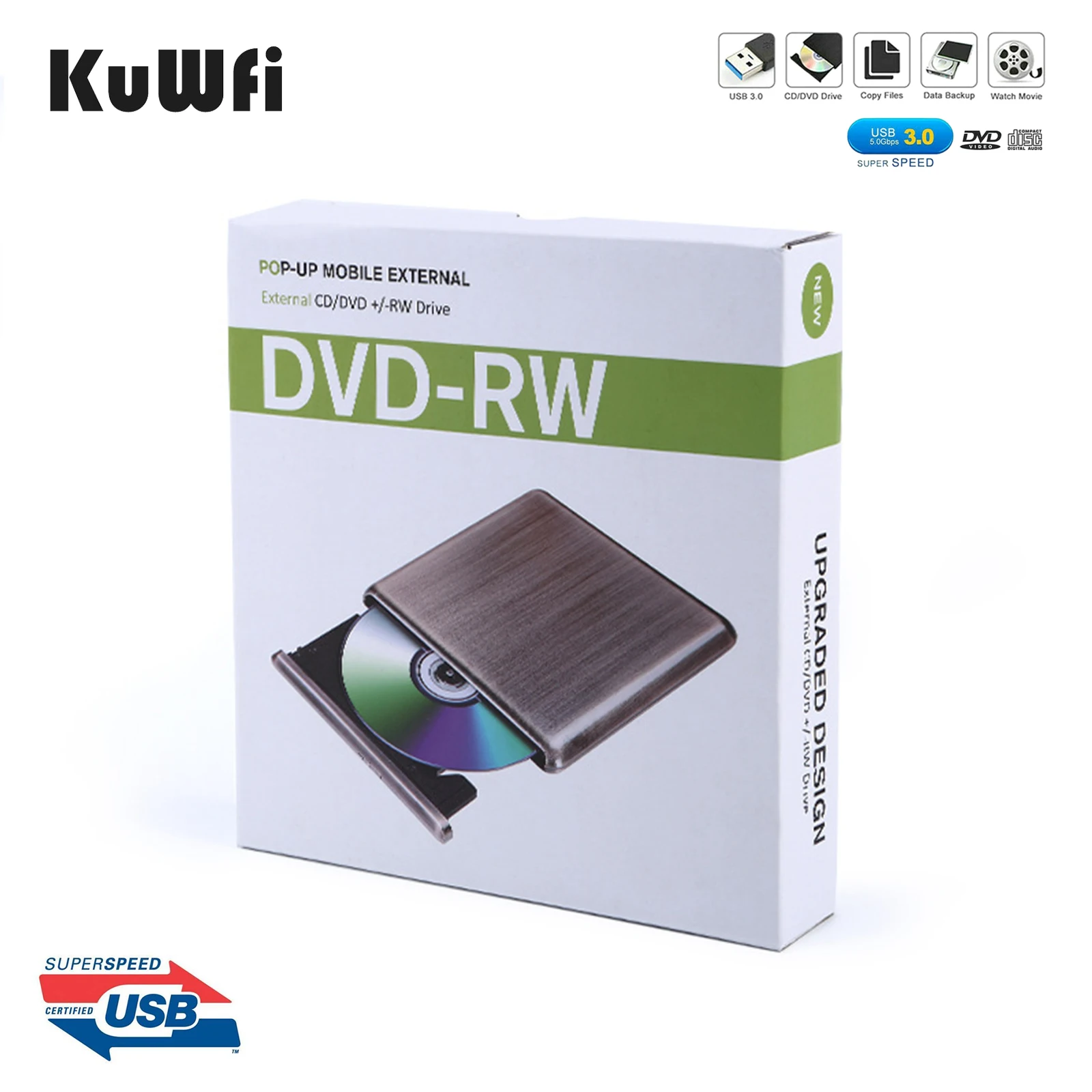 KuWFi USB 3.0 Type-C External DVD Burner DVD RW Optical CD/DVD Writer Recorder Drive For MAC OS Windows XP/7/8/10 images - 6