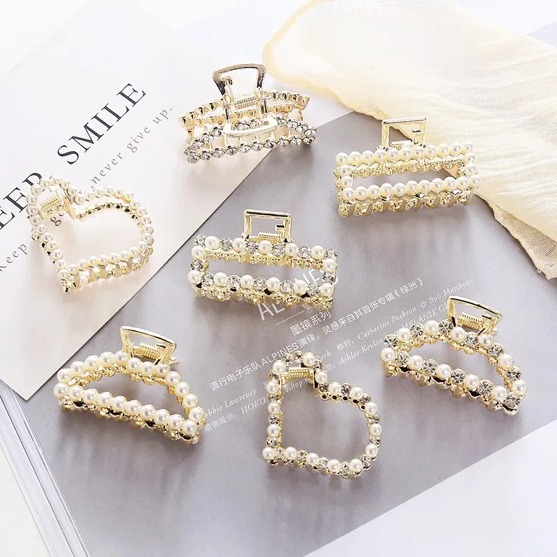 1Pc Geometric Pearl Hair Clip Crab Claw For Women Girls Hollw Full Rhinestone Metal Hair Claws Heart Fashion Hair Accessorie