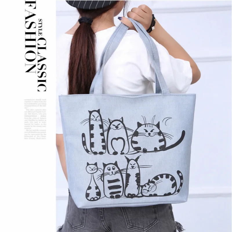 Новая Холщовая Сумка ручной работы с мультяшным котом женская сумка большой
