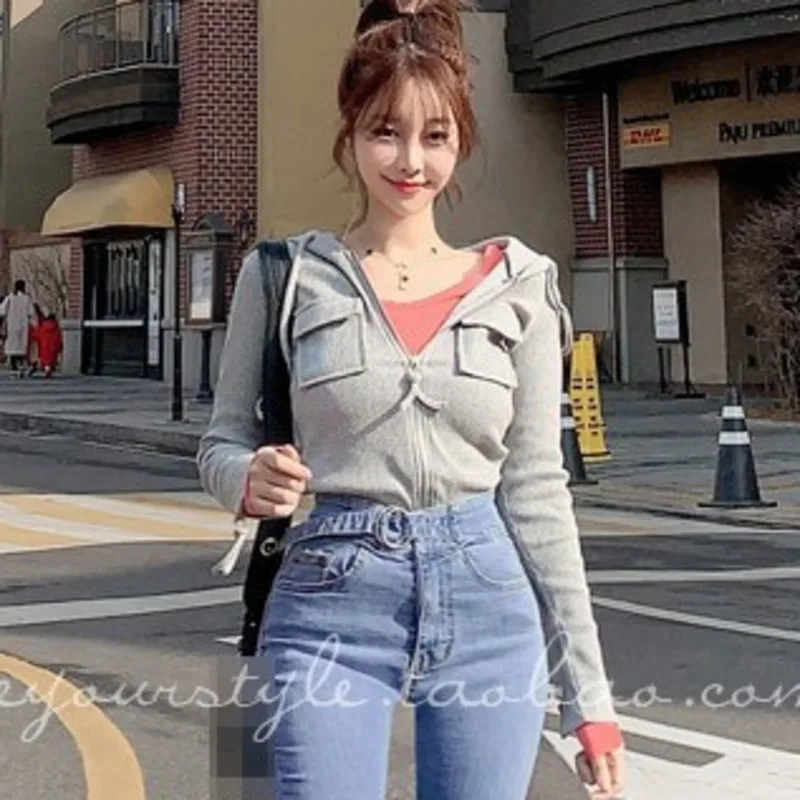 

TVVOVVIN Autumn Winter 2021 Korea Grey Short Slim Hooded Tops Long Sleeve Top Knitting Sweatshirt Women Slim Hoodies 28EW
