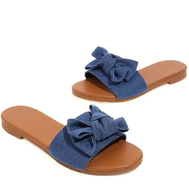 

Slippers Women Shoes Fashion Denim Flat Heel Flowers Concise Slides Slippers 2021 Summer Female Flip Flops Outside Beach Shoes