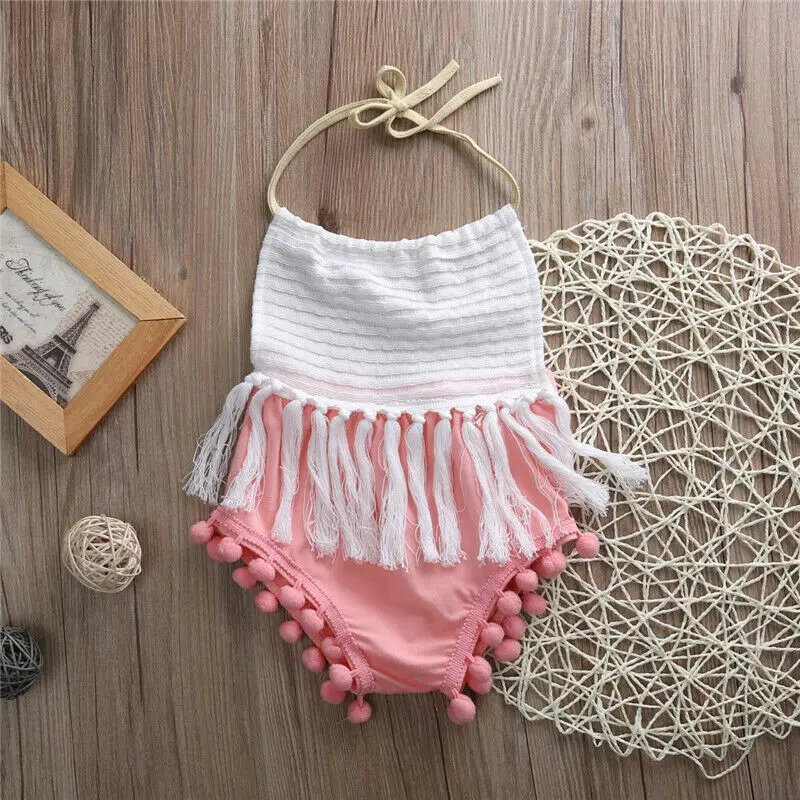 

0-24M Newborn Toddler Baby Girls Sleeveless Tassels Strap Romper cotton halter backless Jumpsuit Outfit Clothes