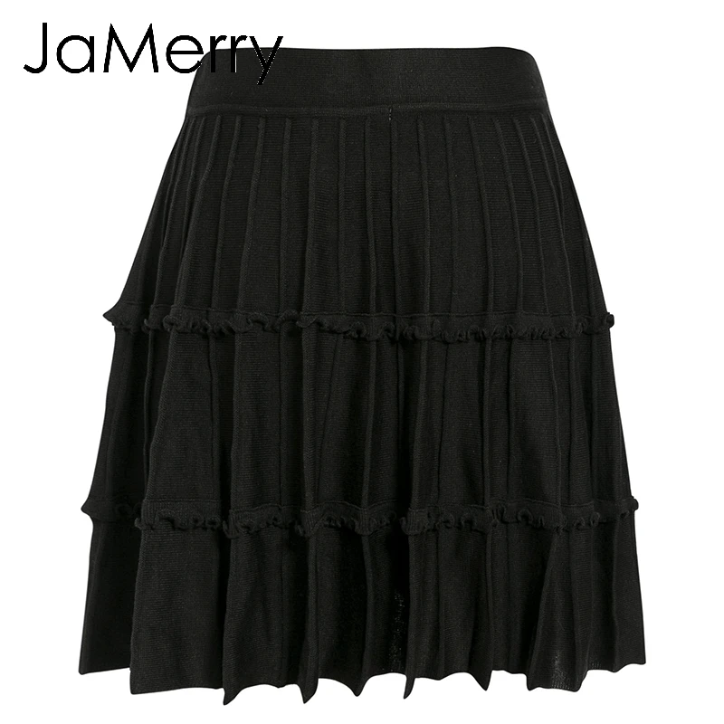 Black JaMerry, винтажная, элегантная, трикотажная юбка, женская, с высокой талией, трапециевидная, с рюшами, в полоску, юбка для женщин, Осень-зима, милая, розовая, юбки - Цвет: Black