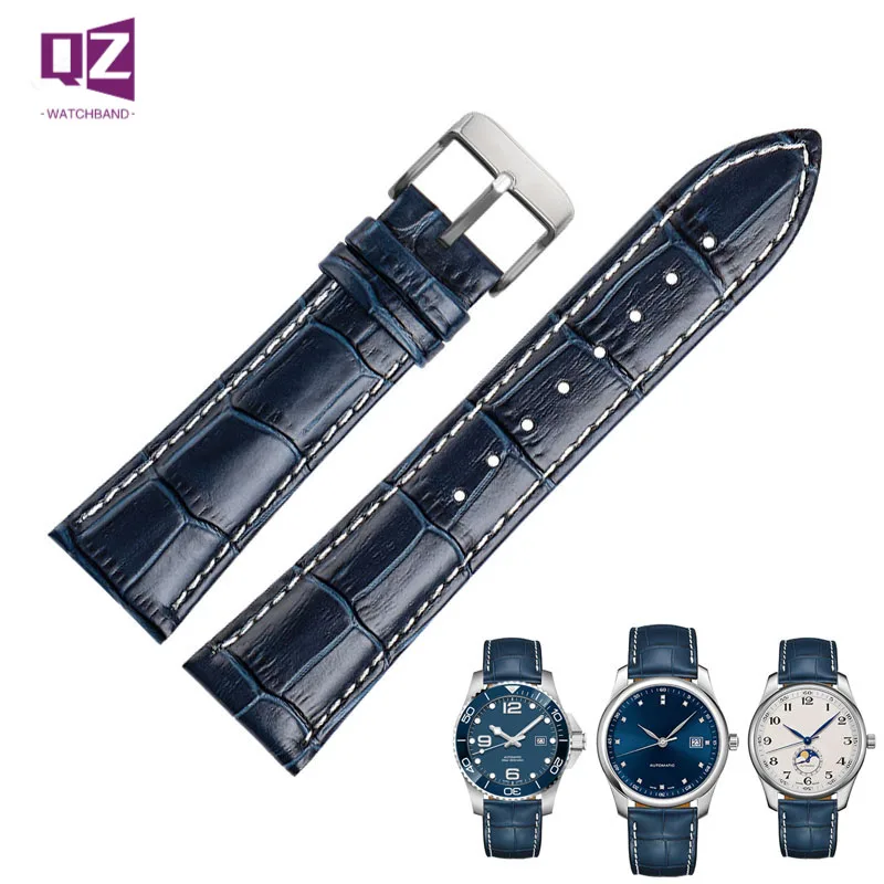 COW LEATHER Watch Strap 19 20mm 21 22mm watchband for Longines citizen watch band blue White stitche Genuine leather bracelet
