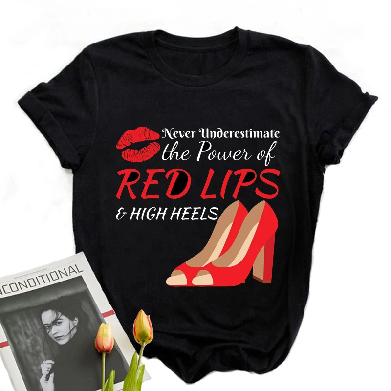 

2021 Y2k Clothes Anime Cool High Heeled Shoes Women's Tee Shirt Summer New Tumblr Goth Red Lip Print Women's Style T-Shirts