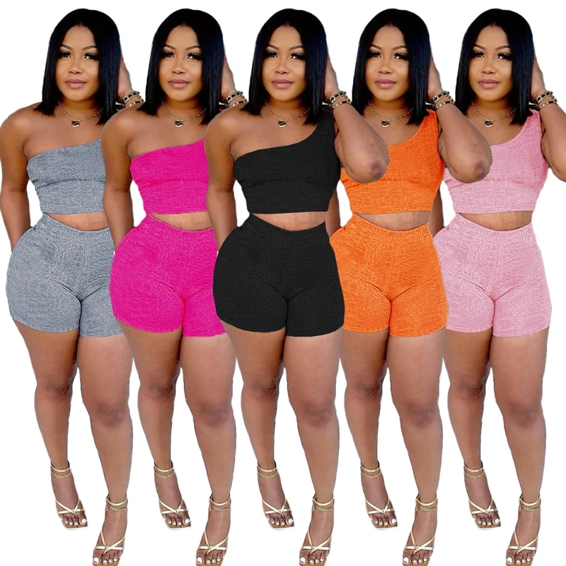 

ZOOEFFBB Two Piece Set Women Tracksuit One Shoulder Crop Top Biker Shorts Sweat Suits Fitness Outfits Active Wear Matching Sets