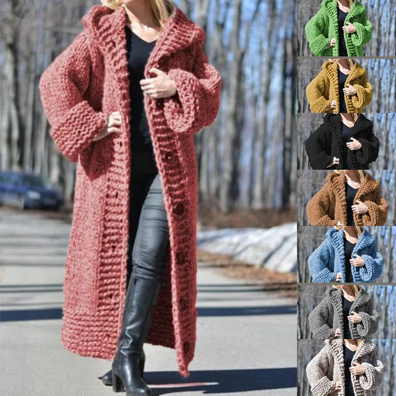 

2021 winter new hooded single-breasted solid color sweater coat knitted cardigan women