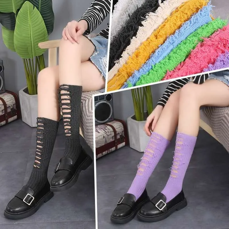 

Ripped Socks Gothic Raw Hem Ribbed Female Broken Destroyed Socks Street Distressed Knit Footwear Beggar Socks Mulit Color