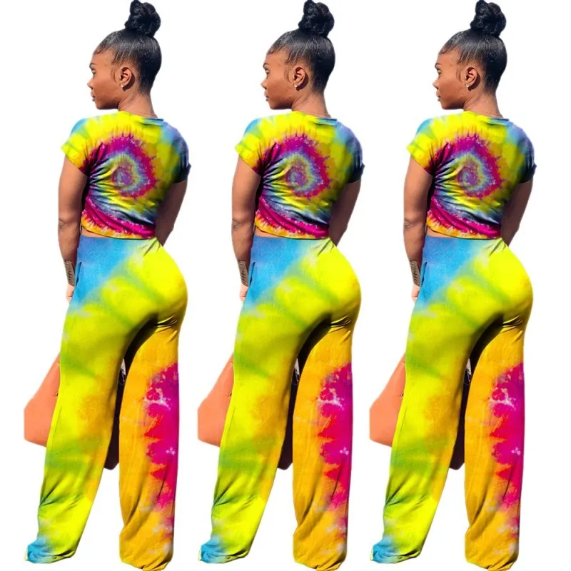 Женский костюм-двойка с короткими рукавами летний укороченный топ и широкие