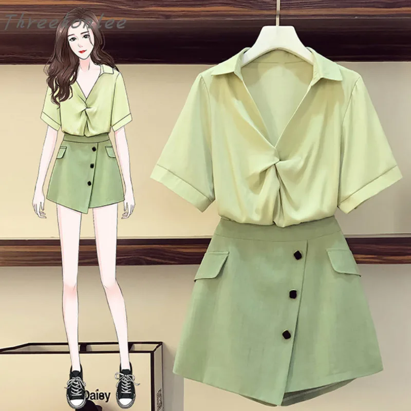 

2021 Summer Fashion Woman Two Piece Sets Turn-down Collar Solid Fold Top And Elastic High Waist Short Culottes Female Casual Set