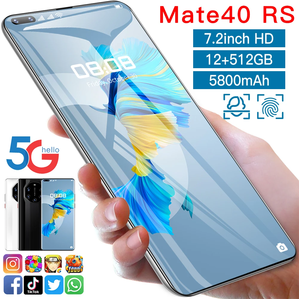 

Mate40 RS Smartphone Global Version 7.2 Inch Full Screen Android10 5800mAh 12+512GB Face\Fingerprint Unlock 4G 5G Mobile Phone