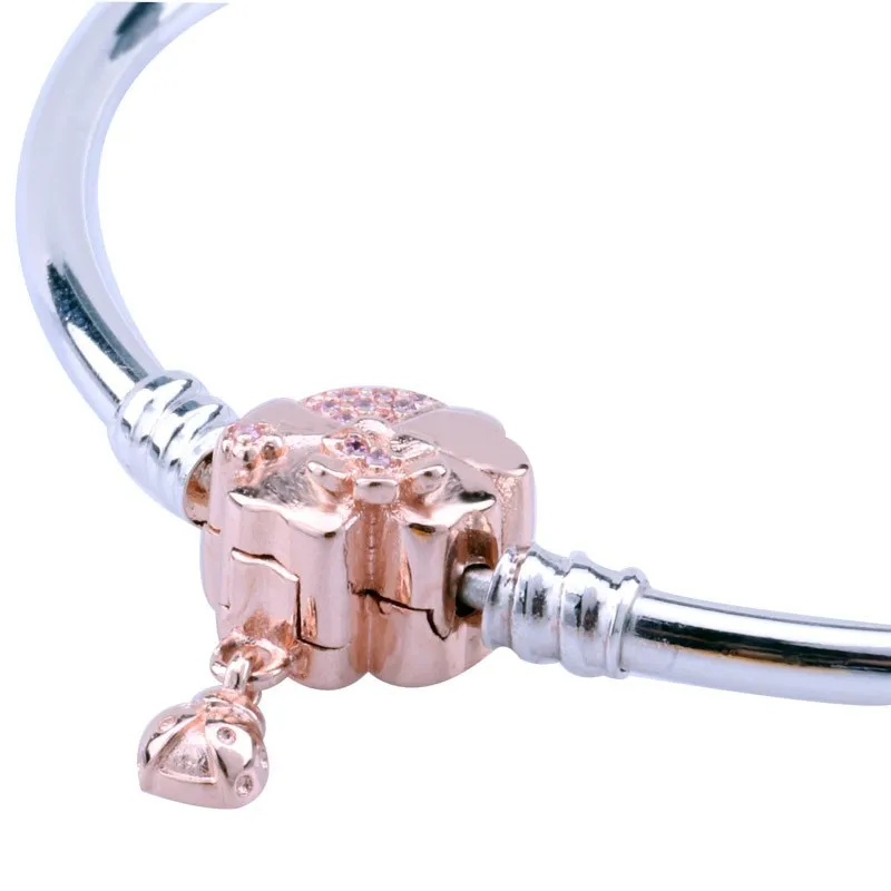 

Original 925 Sterling Silver Pan Bracelet Rose Gold Flower Ladybug Button Bracelet Fit European Charm Bracelets Women Jewelry