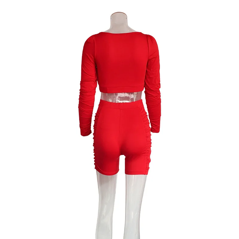 

Mandylandy Sexy Long-Sleeve Square Collar T-shirt + High Waist Straight Shorts Suit Women's Solid Color Slim Fit Pleated Suit