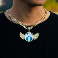 high quality round with wings memory picture photo pendant necklace for men hip hop jewelry with 8mm iced out cuban chain