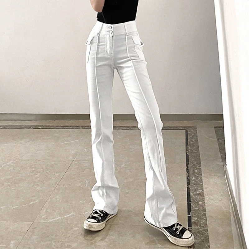

Solid Women's Dropped Waist Flare Pants 2022 Spring Buttons Pocket Zippers Long Trousers Female Sexy Club Streetwear Lady Pants