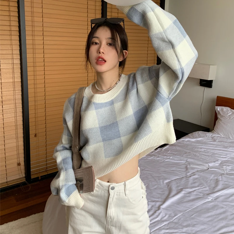 

lazy plaid loose sweater female korean harajuku kawaii cute women's sweaters JapaneLse kawaii Ulzzang vintage clothing for women