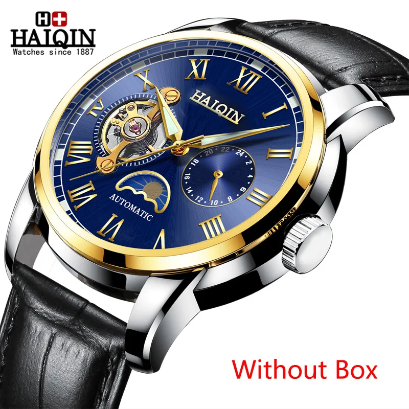 Gold Blue No Box HAIQIN водонепроницаемые мужские часы с скелетом из нержавеющей стали, роскошные брендовые прозрачные механические Спортивные мужские наручные часы - Цвет: Gold Blue No Box