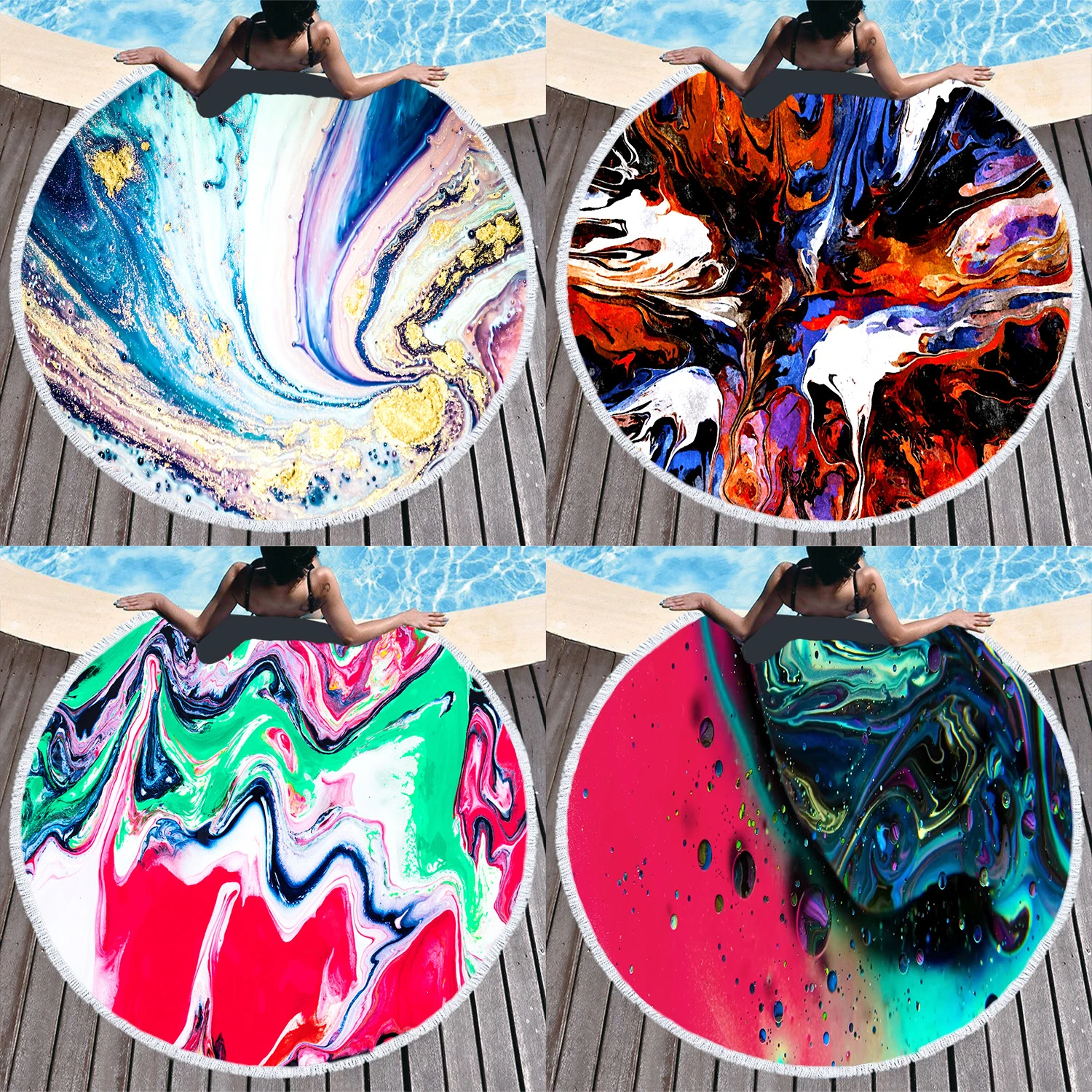 Большое круглое пляжное полотенце 150 см красочное банное с принтом зыбучих