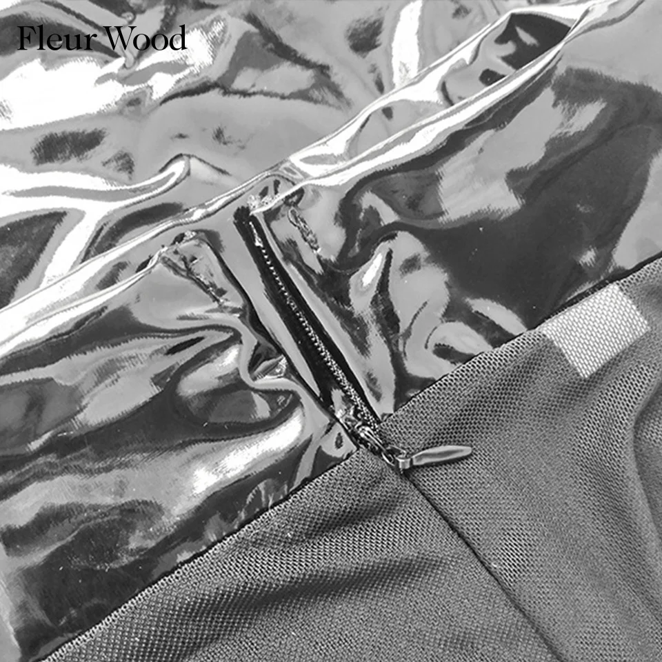 

FLEUR WOOD PU Bodycon Dress Patchwork Woman Dress Turtleneck Long Sleeve Dresses for Women Party Mini Sexy Dress Women Vestidos