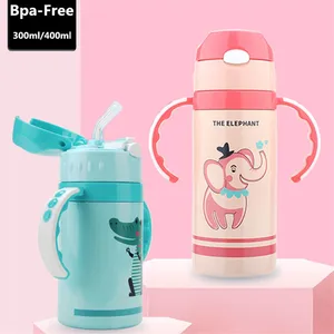 Новое поступление, миниатюрные 400 мл Детские вакуумные фляжки из нержавеющей стали 188, мультяшная бутылка для воды, портативный соломенный термос с ручкой, чашка