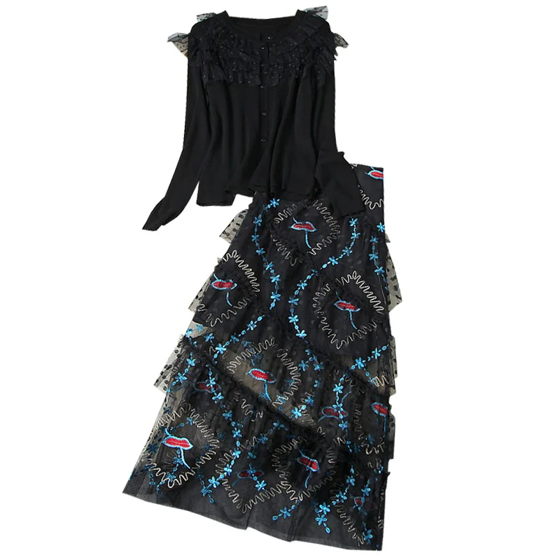 

Seifrmann Women Summer Fashion DesignerSkirts Set Lantern Sleeve Black Knitting Tops + High Waist Midi Skirts 2 TwoPiecesSuit