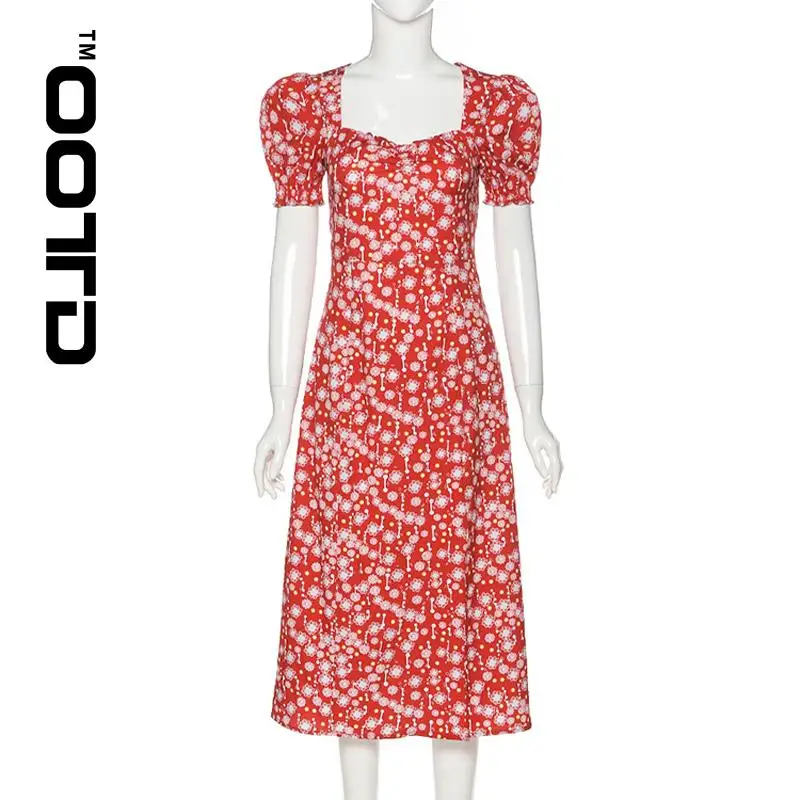 

Women Summer Vintage Party Dress Y2K Lady France Style Puff Sleeve Floral Print Square Collar Side Split Midi Dress Vestido 2021