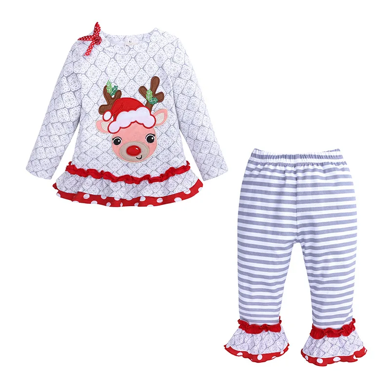

Children's Autumn and Winter Girls Christmas Suit Striped Home Clothes Round Neck Cute Elk Two-piece Children's Clothing