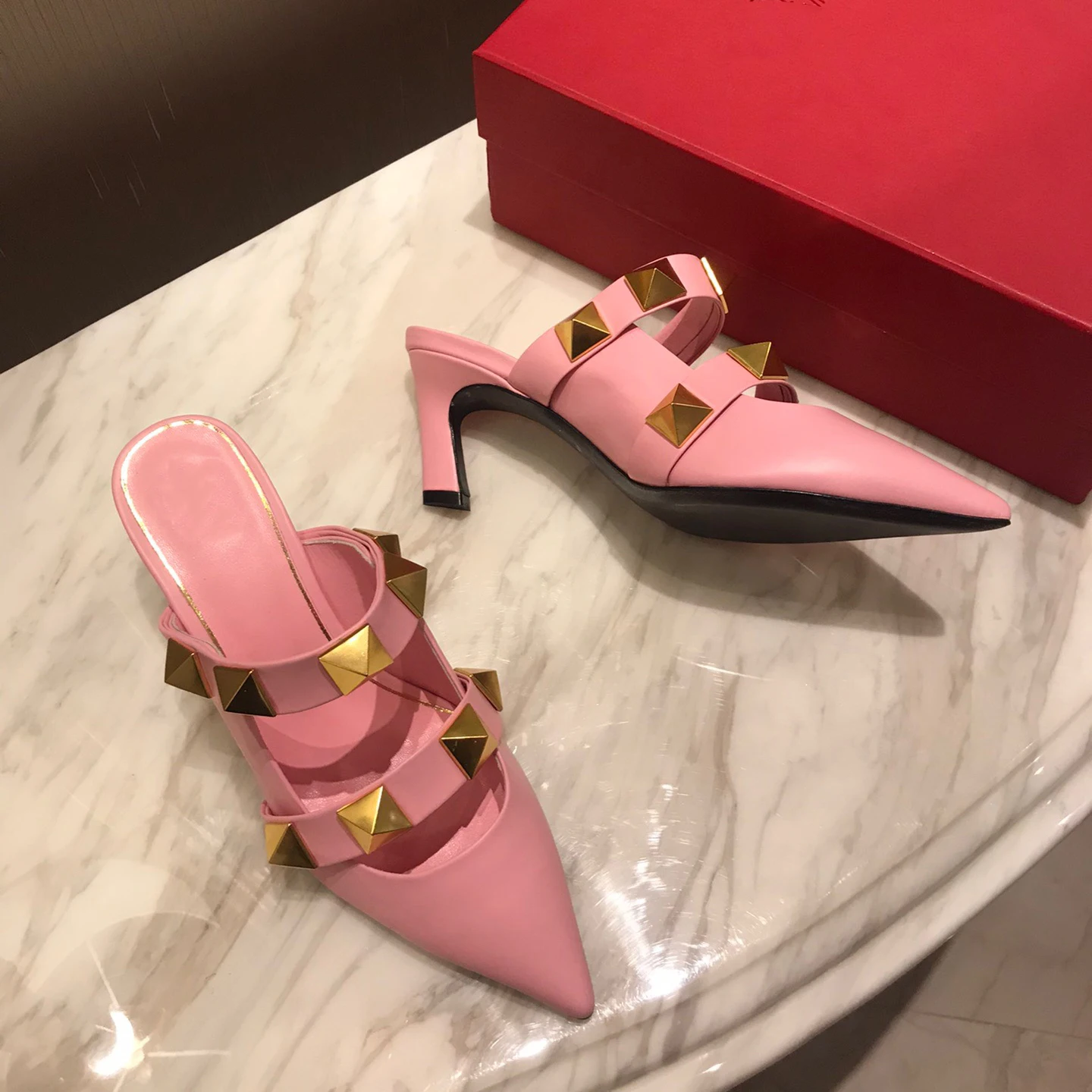 

Women's Elegant Mules Woman Casual Slippers Sandals 2021 Ladies High Heels Fashion Female Pointed Toe Shoe Candy Colors Footwear