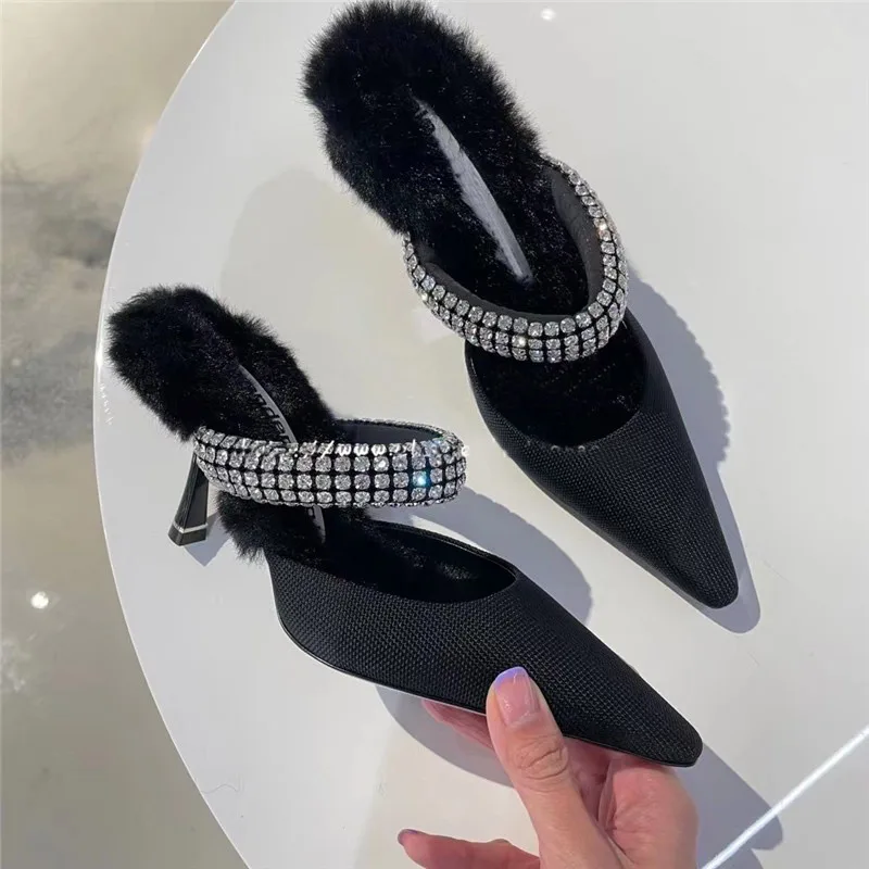 

European and American Rhinestone Pointed Black Baotou Woolen Shoes High-heeled Flip Flops Half Slippers Muller Women's Shoes