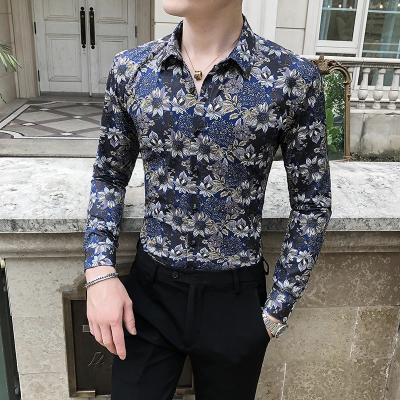 Рубашка мужская приталенная с длинным рукавом и цветочным принтом