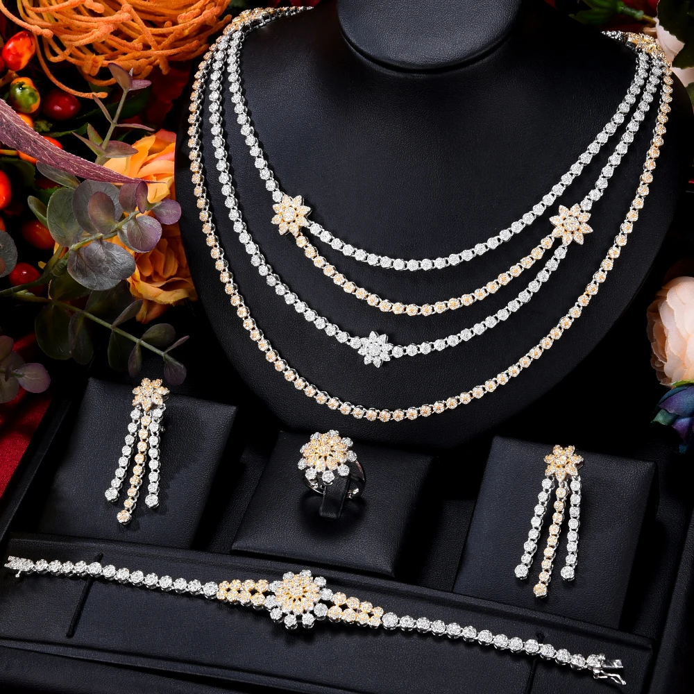 

Soramoore Trendy 4PCS 3layer Kundan Jewelry Set For Women Wedding Party Cubic Zircon Crystal Dubai Bridal Jewelry Set Jewelry